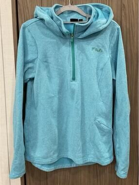 FILA Womens Aqua ZIP Neck Hoodie Thumb Holes Sweat Shirt Size M